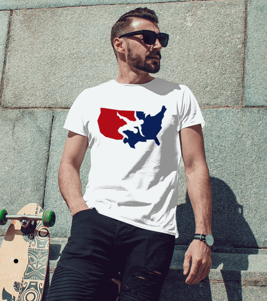 USA Wrestling Map Silhouette Red Blue T-Shirt