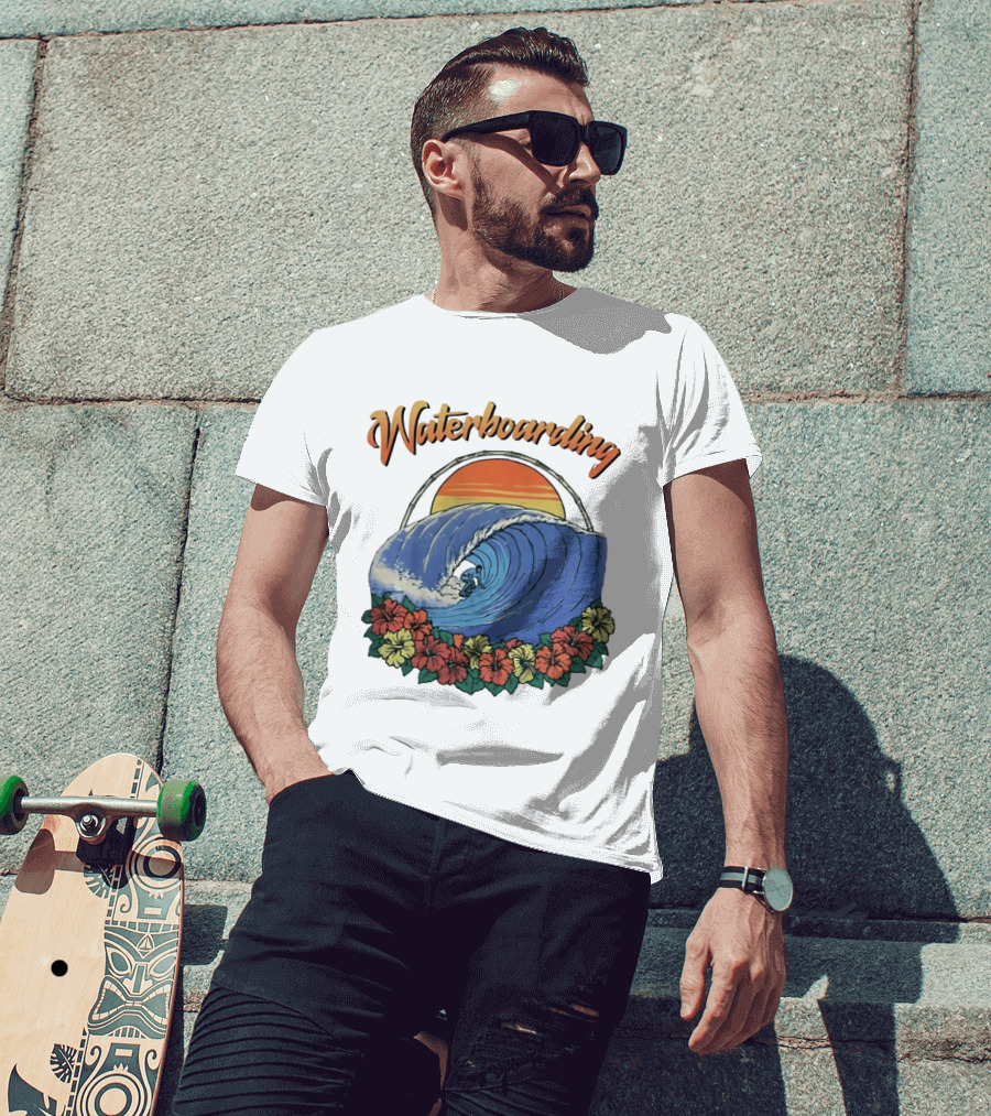 Waterboarding Surfing Tropical Hibiscus Flower Sunset Wave T-Shirt