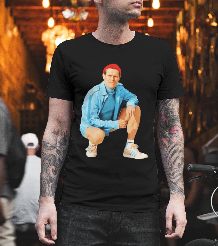 Klaus Willem Dafoe Retro Style With Red Beanie And Blue Tracksuit T-Shirt