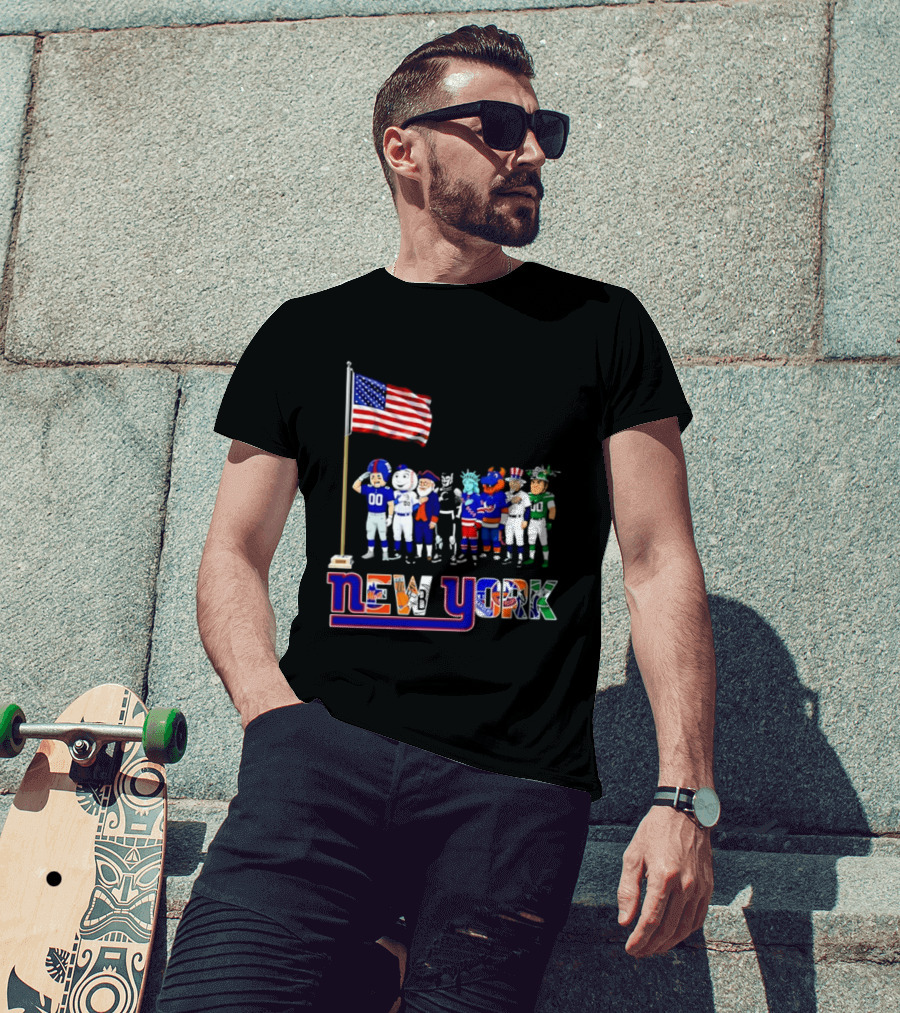 New York Sports Teams Mascots American Flag Giants Yankees Mets Rangers Knicks Jets T-Shirt