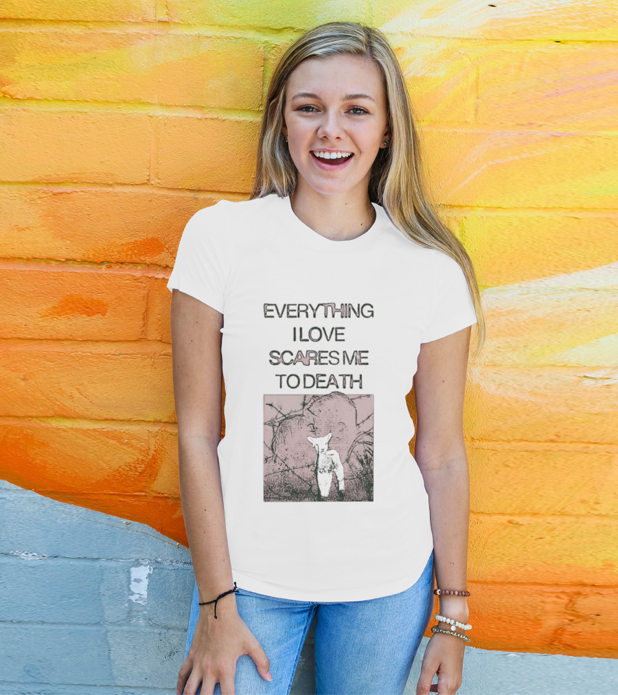 Everything I Love Scares Me To Death Existential Dread Sheep On Red T-Shirt