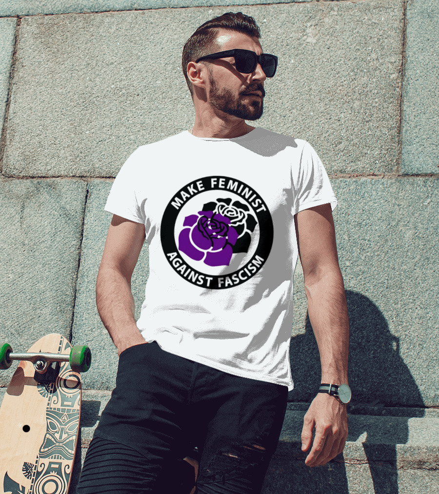 Make Feminist Against Fascism Purple Black Rose T-Shirt