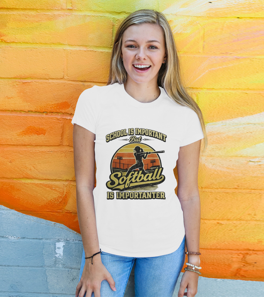 School Is Important But Softball Is Importanter Retro Silhouette Batter T-Shirt