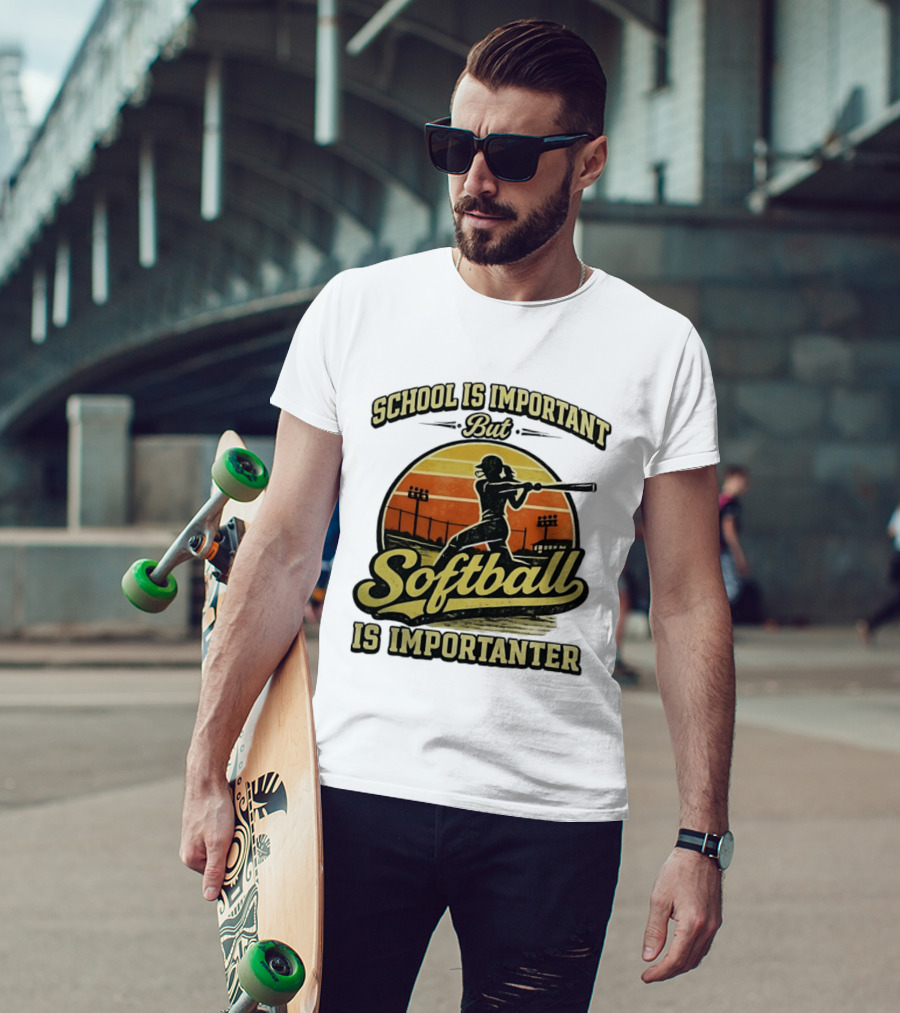 School Is Important But Softball Is Importanter Retro Silhouette Batter T-Shirt