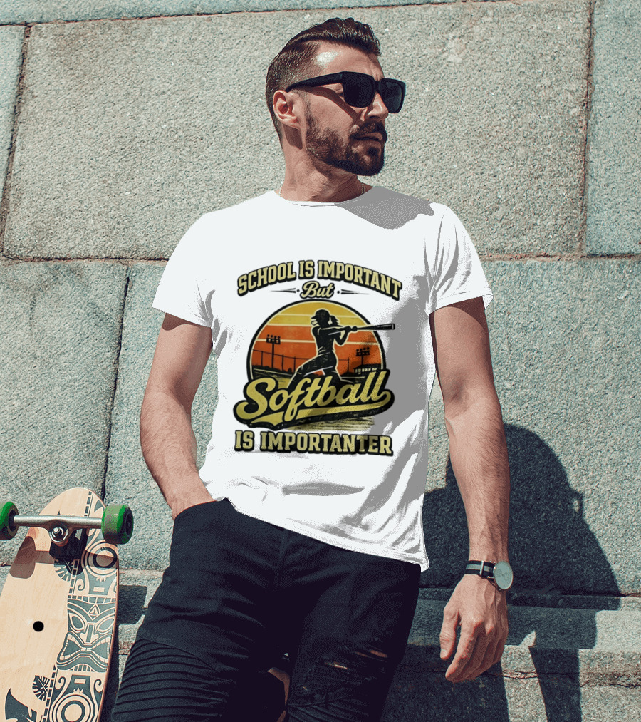 School Is Important But Softball Is Importanter Retro Silhouette Batter T-Shirt