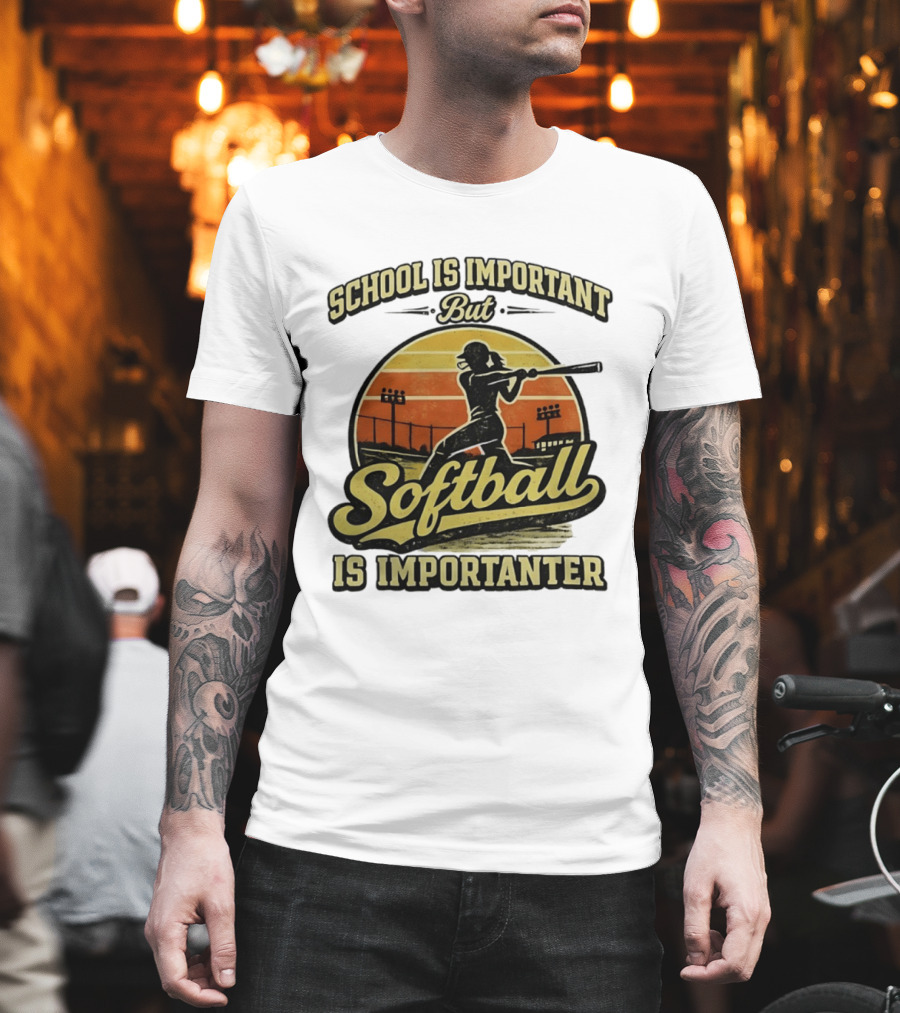 School Is Important But Softball Is Importanter Retro Silhouette Batter T-Shirt