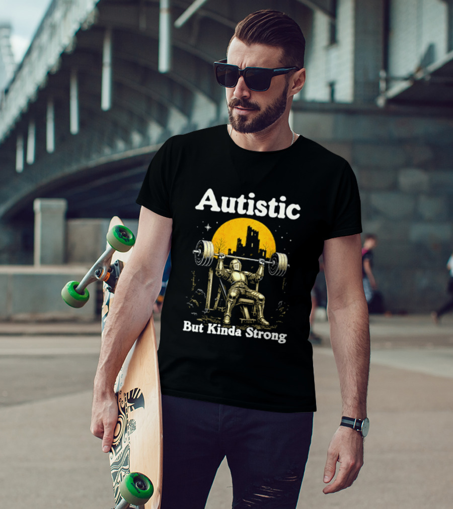Autistic But Kinda Strong Knight Lifting Weights Autism Awareness Moon T-Shirt