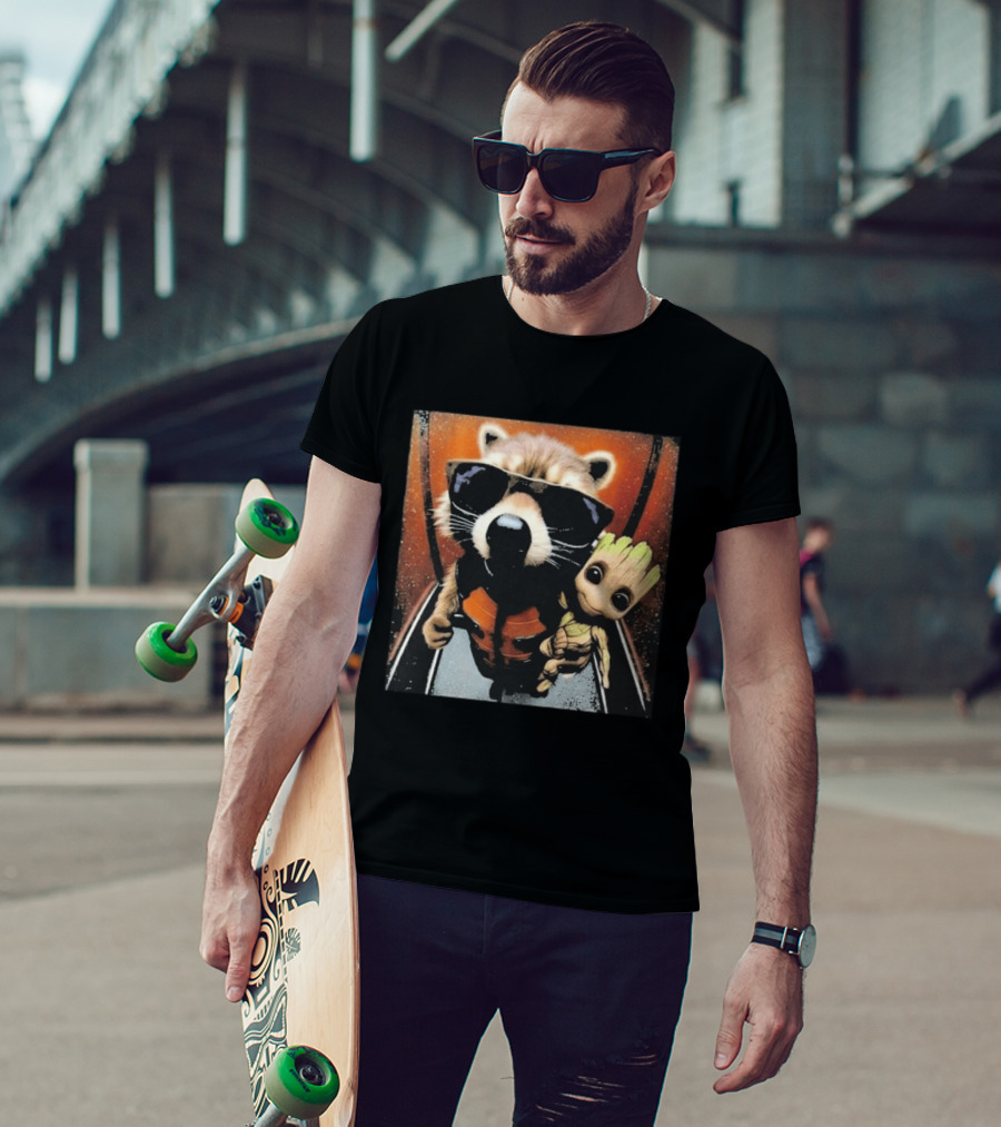 John Bates Raccoon And Baby Tree Alien With Sunglasses And Orange Suit T-Shirt
