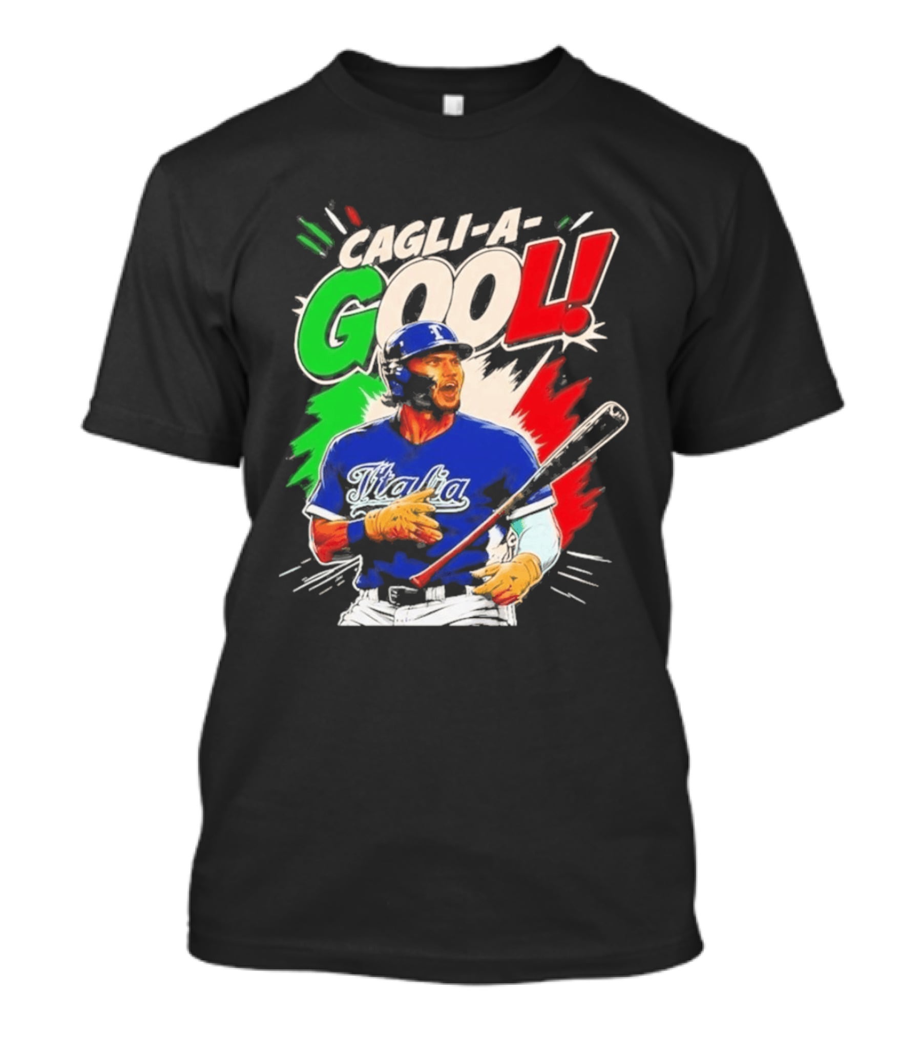 Cagli A Gool Italia Baseball Player Hitter With Italian Flag T-Shirt