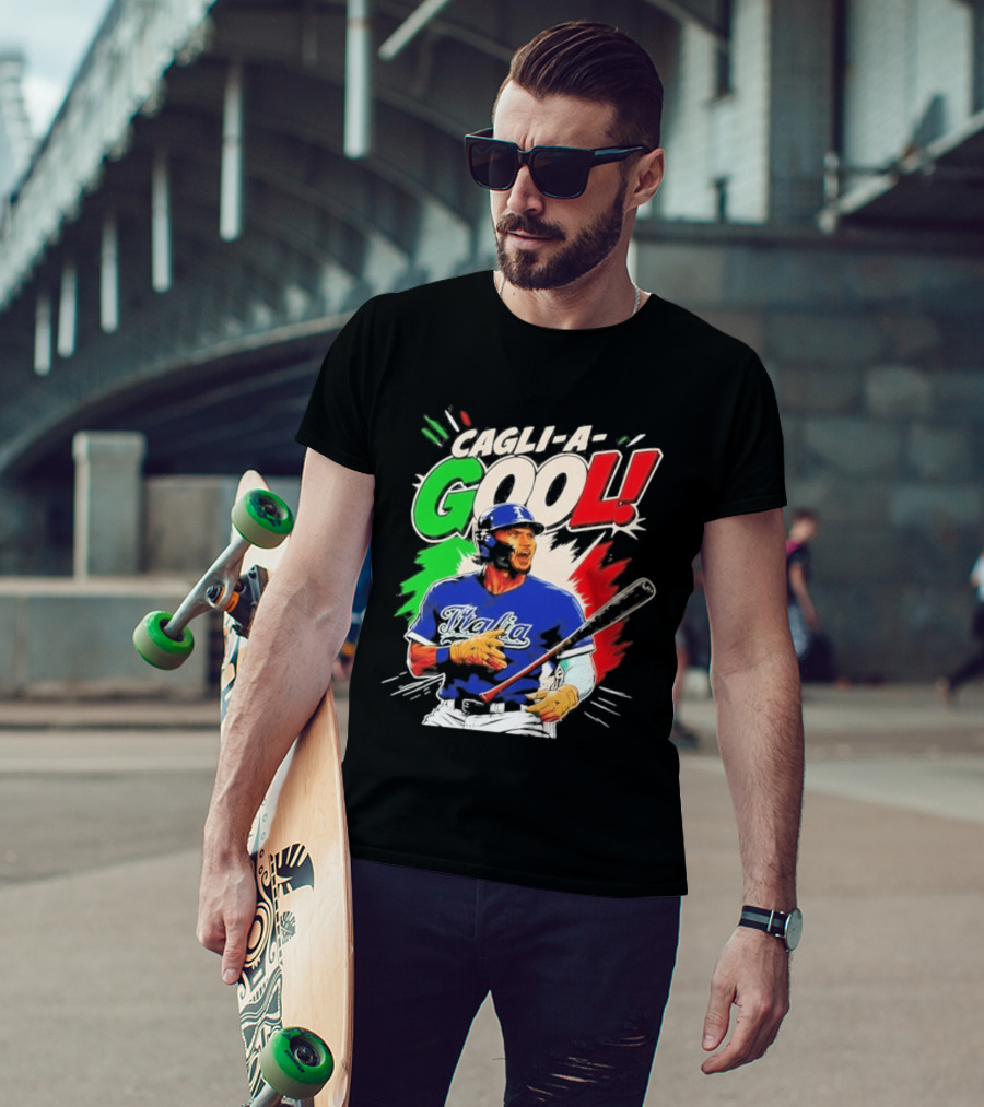 Cagli A Gool Italia Baseball Player Hitter With Italian Flag T-Shirt