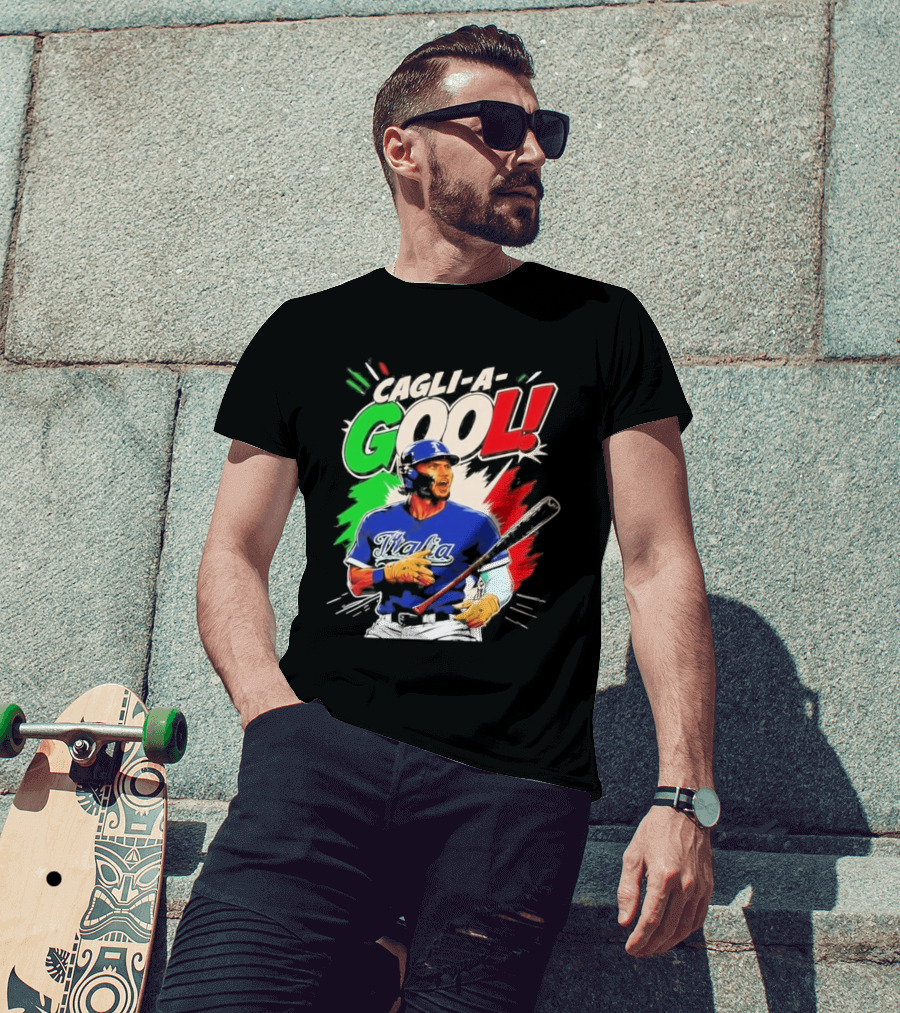 Cagli A Gool Italia Baseball Player Hitter With Italian Flag T-Shirt