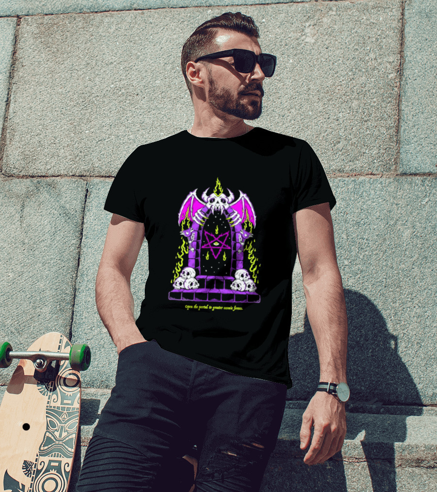 Open The Portal To Greater Cosmic Forces Pentagram Skull With Bat Wings And All Seeing Eye T-Shirt