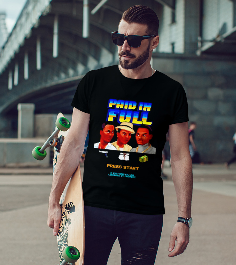 Paid In Full Press Start 1987 Harlem USA Three Figures With Hat Necklace And Gun T-Shirt
