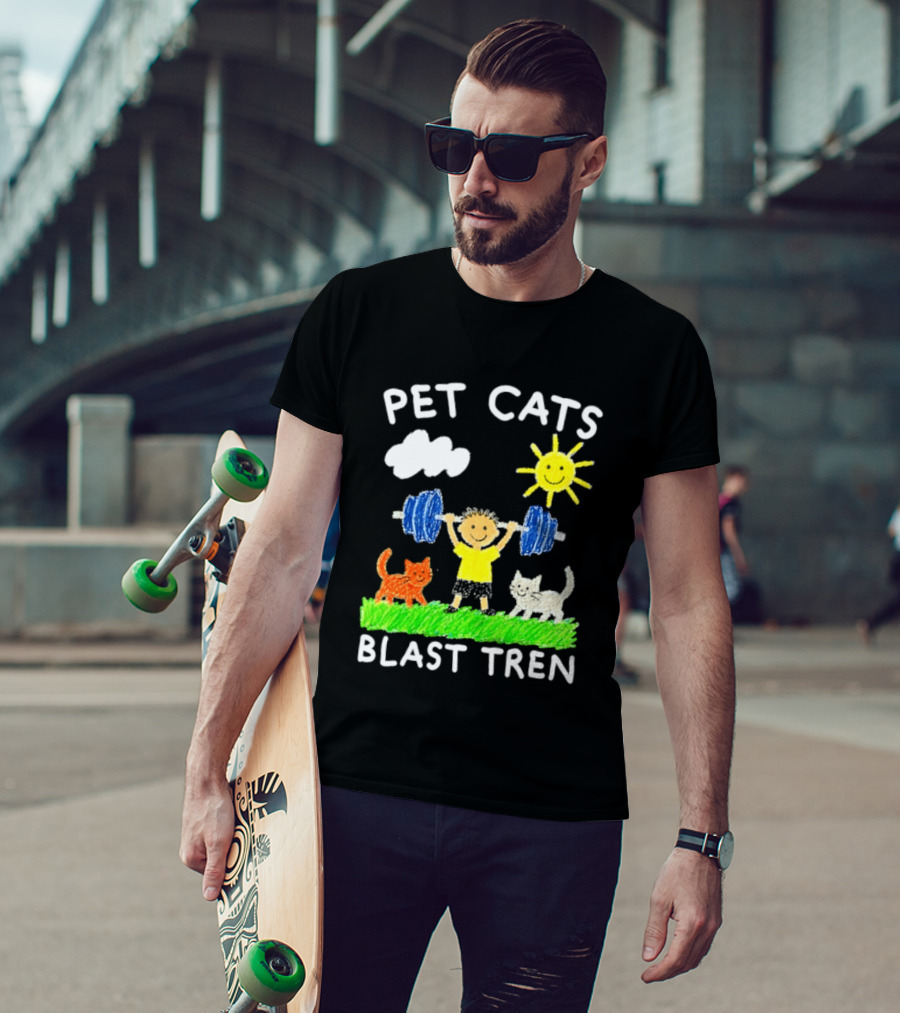 Pet Cats Blast Tren Bodybuilding Gym Child With Weights Sun And Clouds T-Shirt
