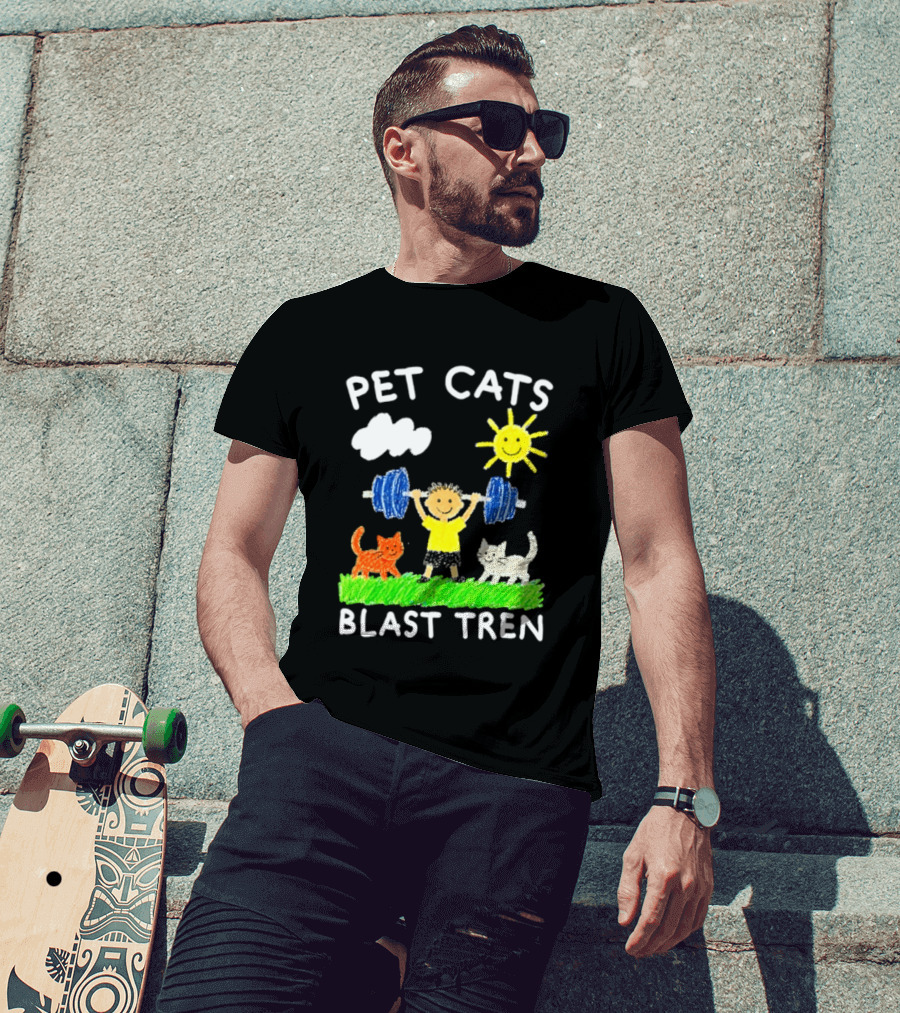 Pet Cats Blast Tren Bodybuilding Gym Child With Weights Sun And Clouds T-Shirt