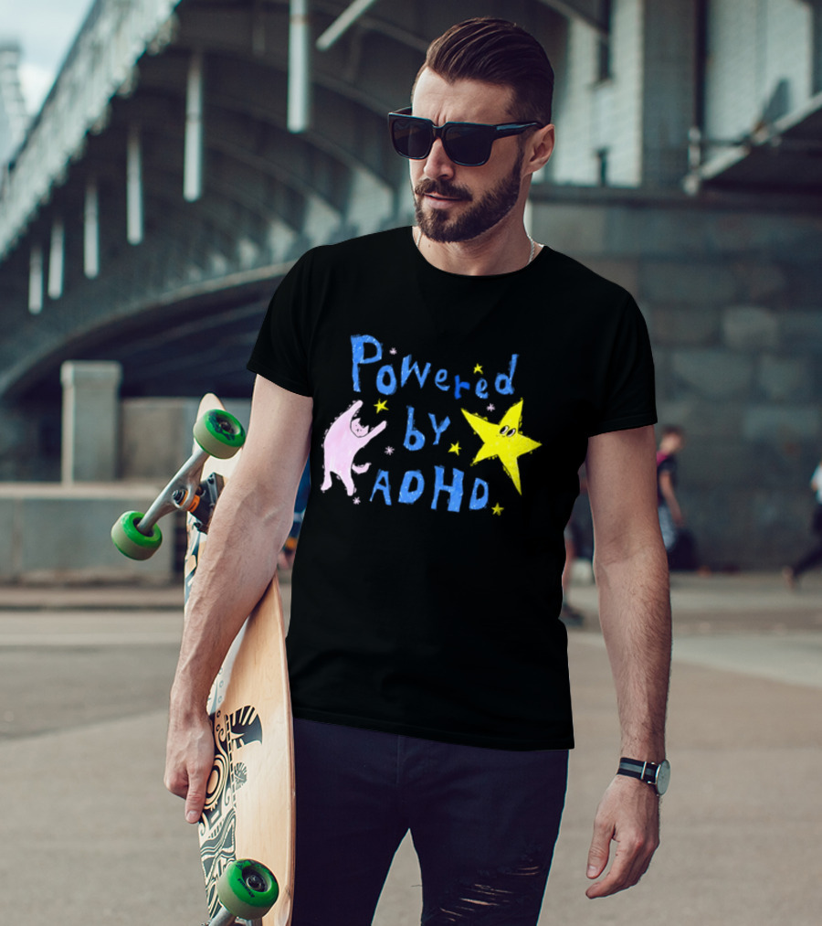 Powered By ADHD Neurodivergent Star And Cat With Yellow Stars T-Shirt
