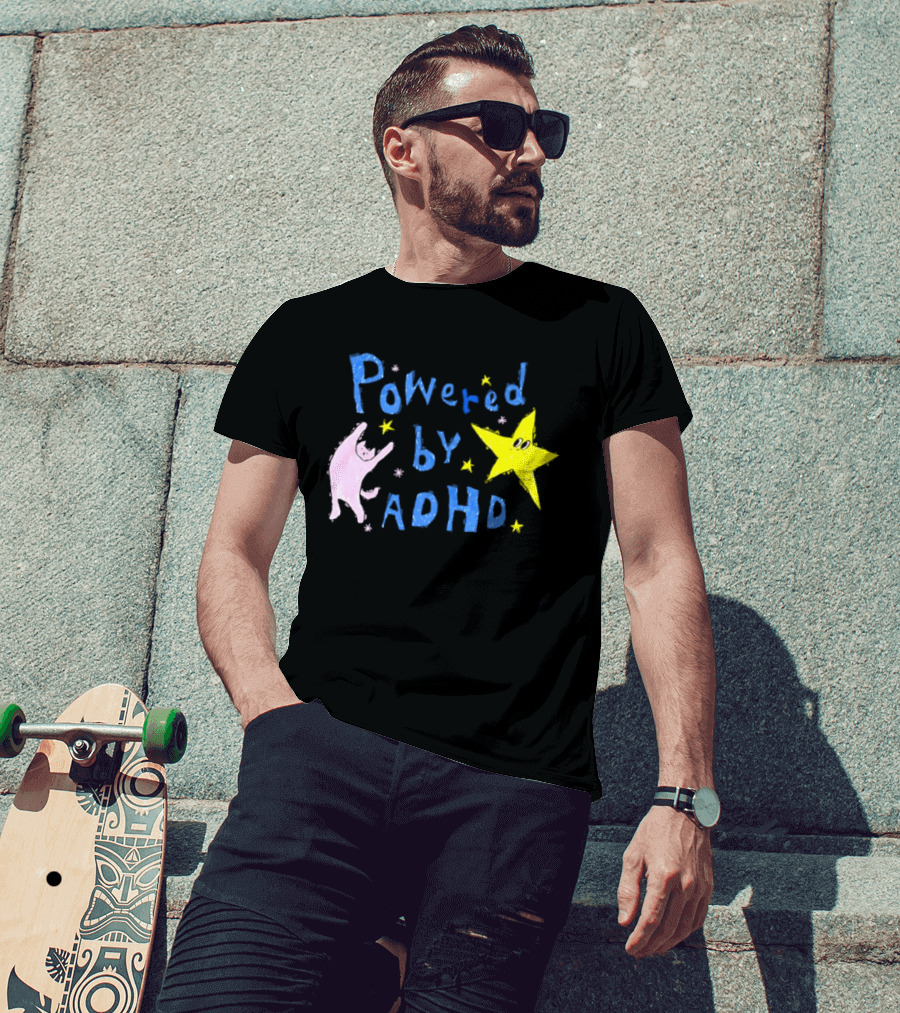 Powered By ADHD Neurodivergent Star And Cat With Yellow Stars T-Shirt