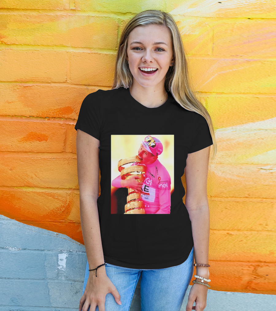 Tadej Pogacar 2024 Giro D'Italia Trophy Celebration In Pink Jersey T-Shirt