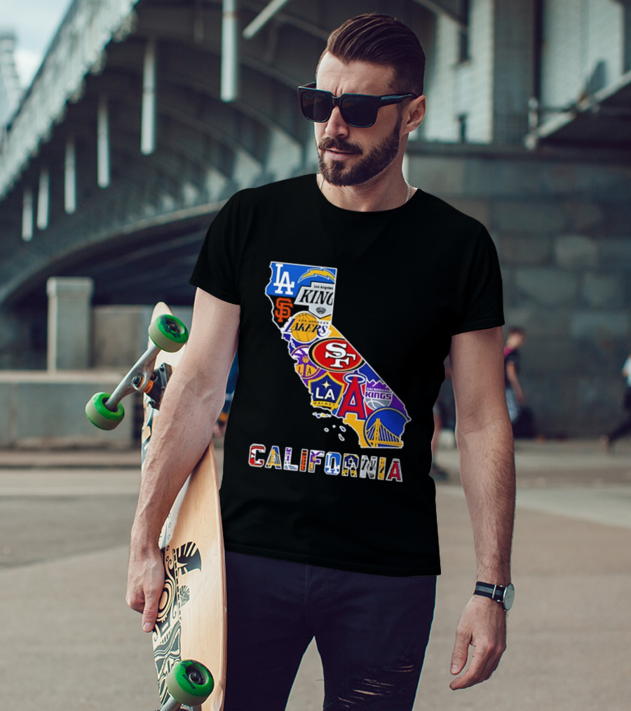 California Map Collage With 49ers Lakers Kings Giants Angels Dodgers Logos 2026 T-Shirt
