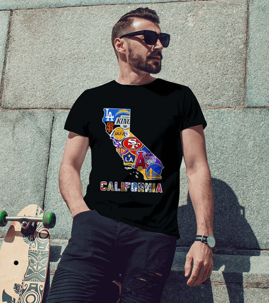 California Map Collage With 49ers Lakers Kings Giants Angels Dodgers Logos 2026 T-Shirt