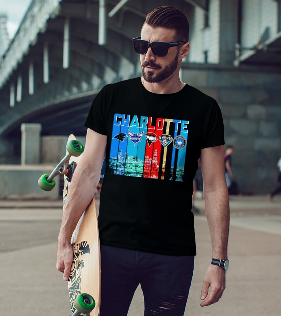 Charlotte Panthers Hornets Knights City Skyline Sports Team Logos T-Shirt