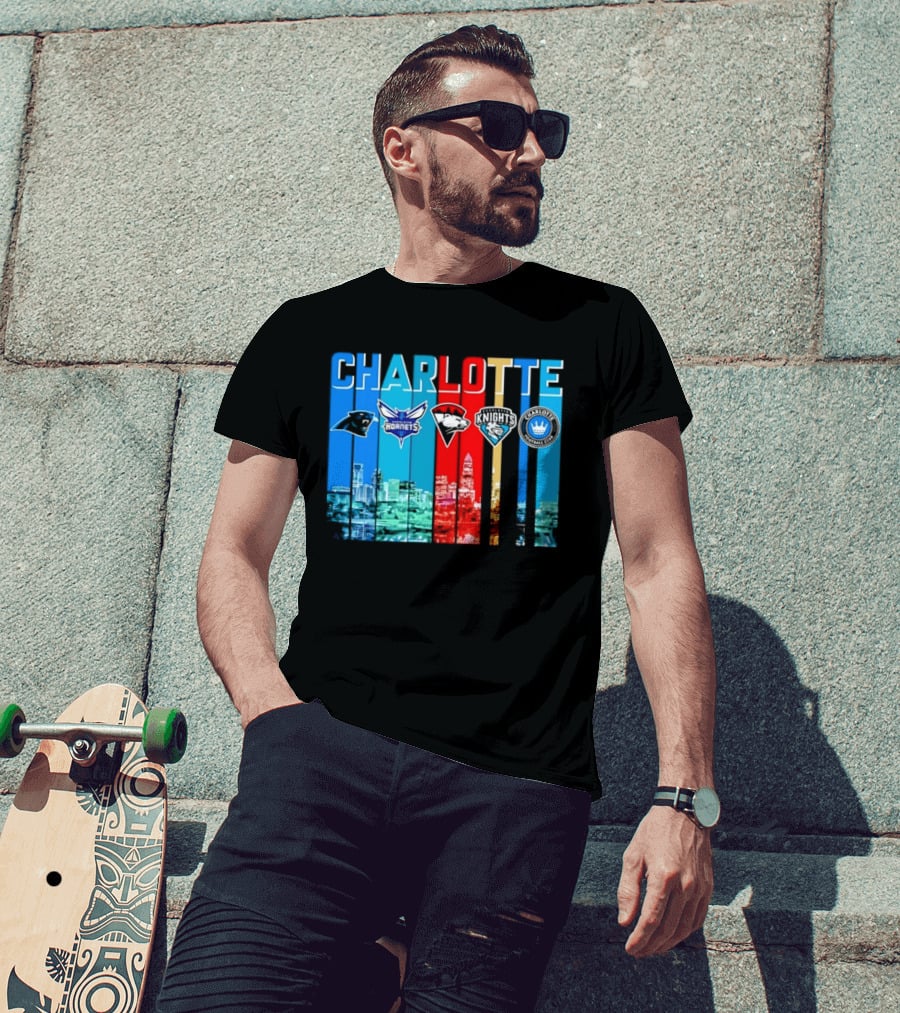 Charlotte Panthers Hornets Knights City Skyline Sports Team Logos T-Shirt