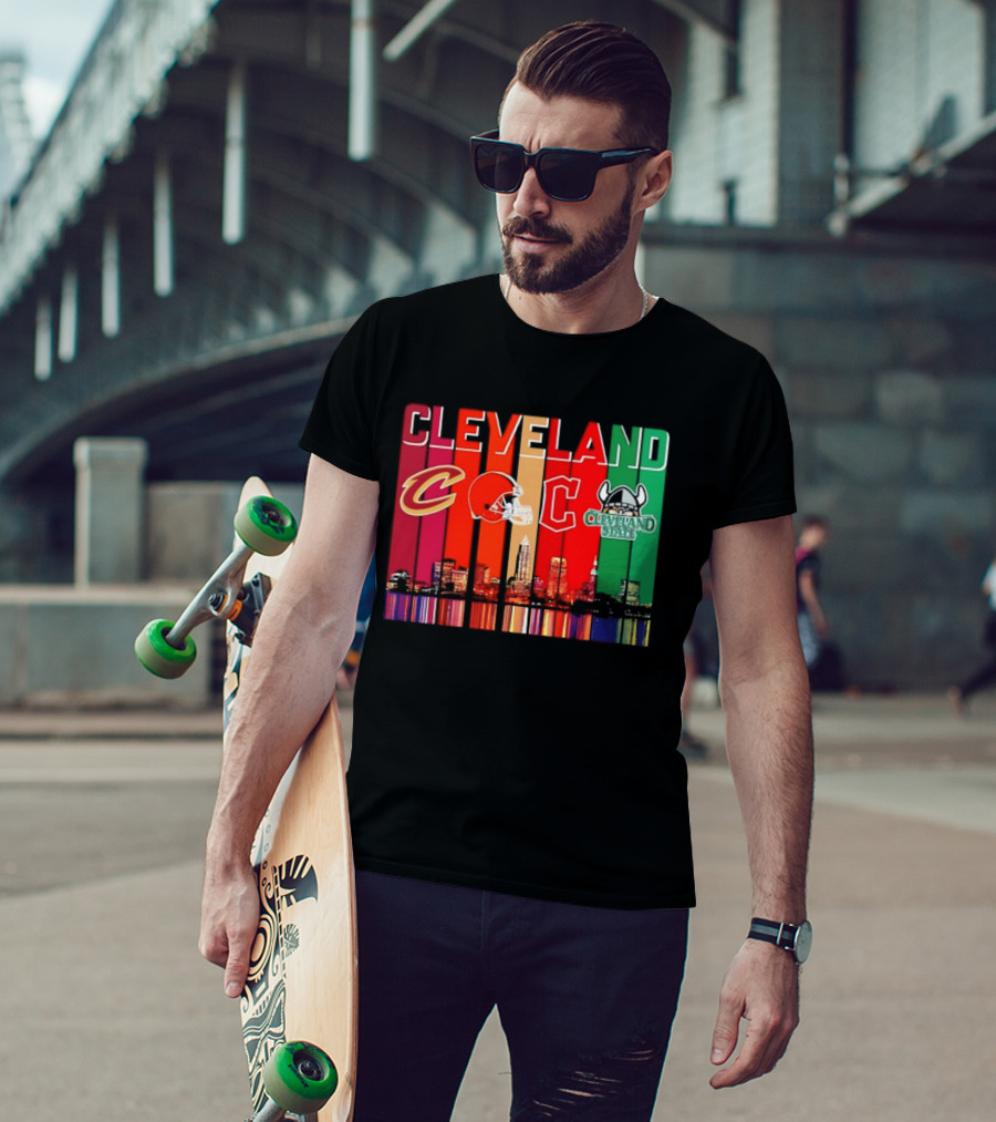 Cleveland Cavaliers Browns Guardians Cleveland State Vikings City Skyline T-Shirt