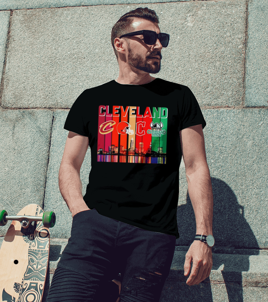 Cleveland Cavaliers Browns Guardians Cleveland State Vikings City Skyline T-Shirt