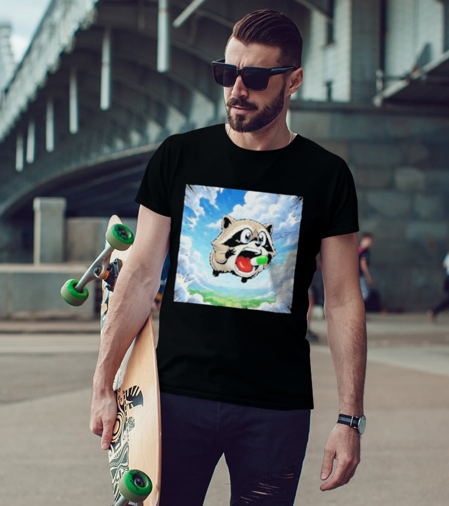Jimothy Raccoon Cartoon Sky Dive With Colorful Capsule T-Shirt