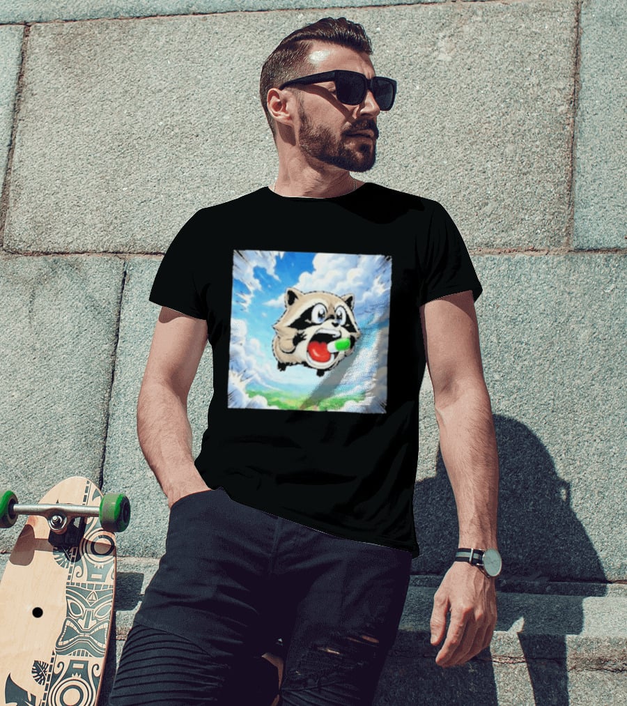 Jimothy Raccoon Cartoon Sky Dive With Colorful Capsule T-Shirt