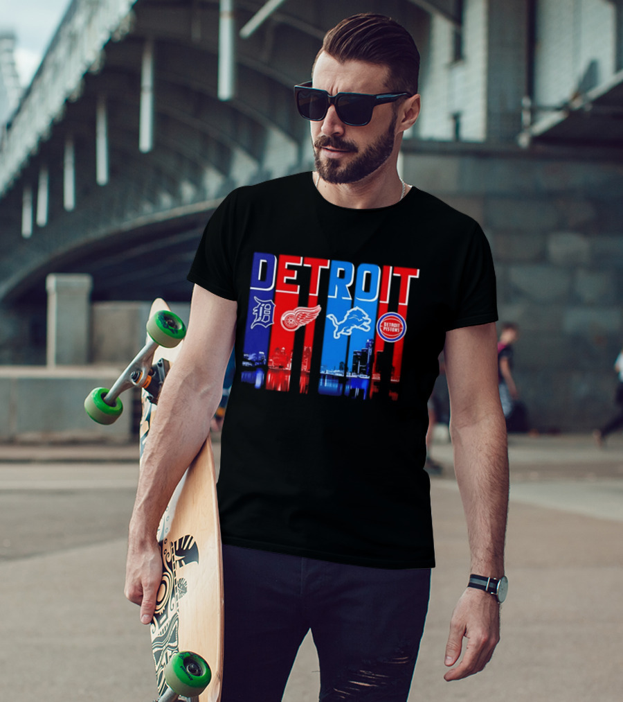 Detroit Tigers Red Wings Lions Pistons City Skyline 2026 T-Shirt