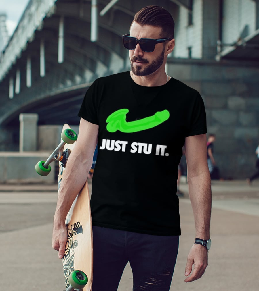 Just Stu It Green Swoosh Iconic Phrase T-Shirt