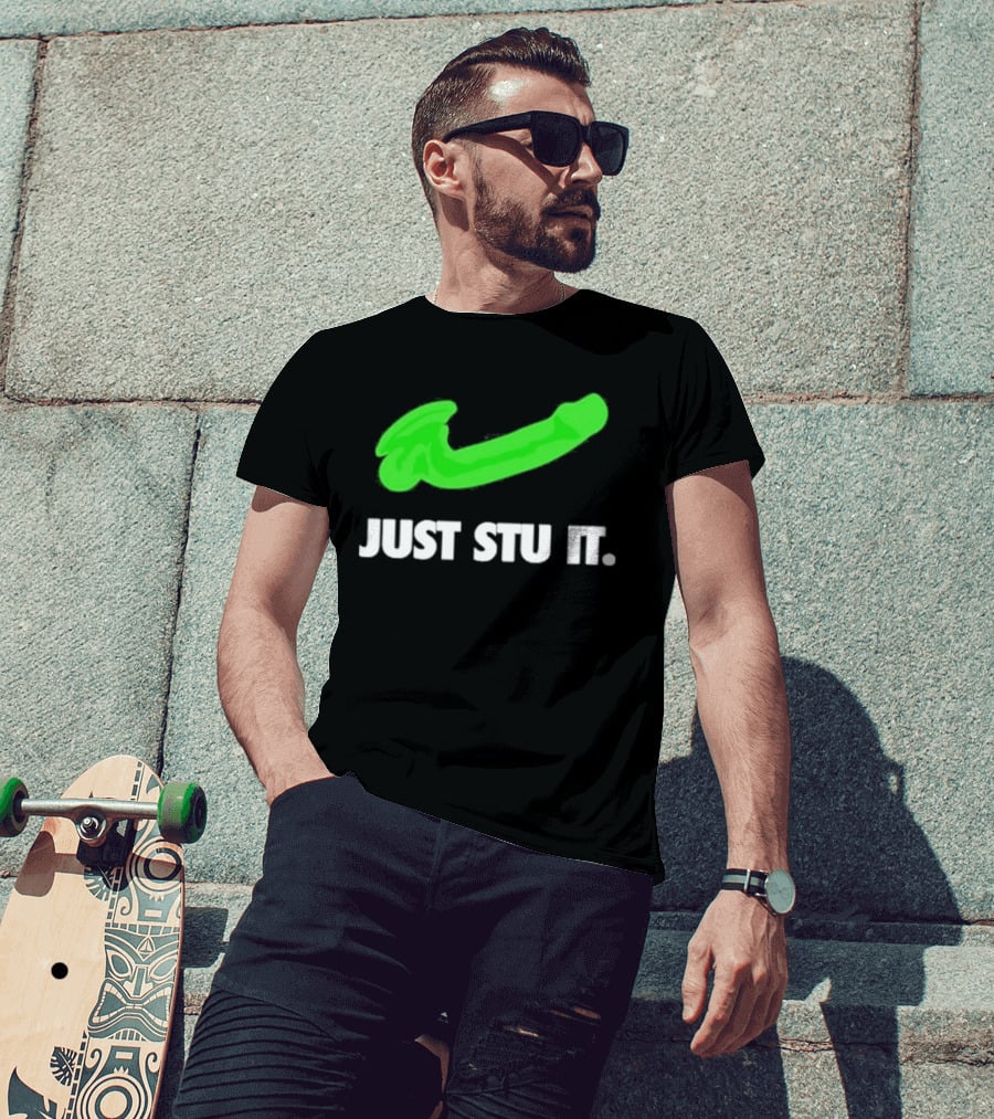 Just Stu It Green Swoosh Iconic Phrase T-Shirt