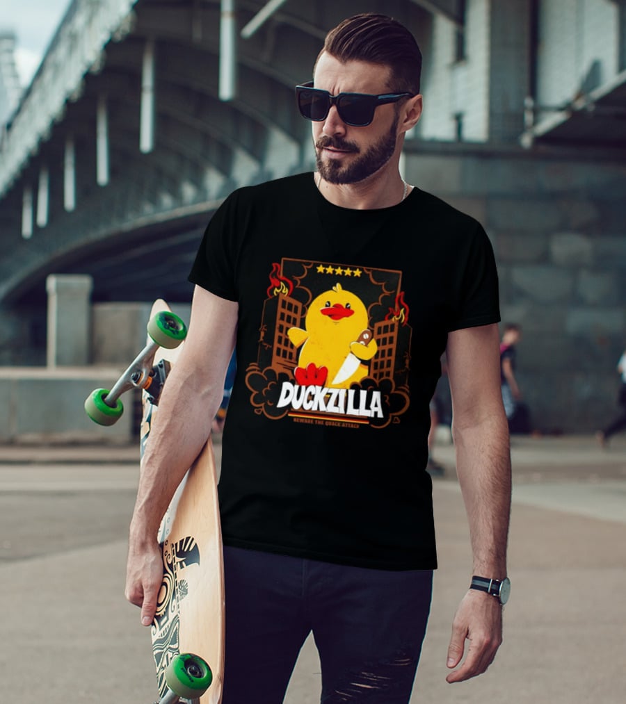 Duckzilla Beware The Quack Attack Knife Wielding Giant Duck With Burning Buildings T-Shirt