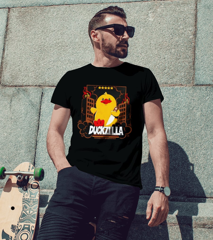 Duckzilla Beware The Quack Attack Knife Wielding Giant Duck With Burning Buildings T-Shirt