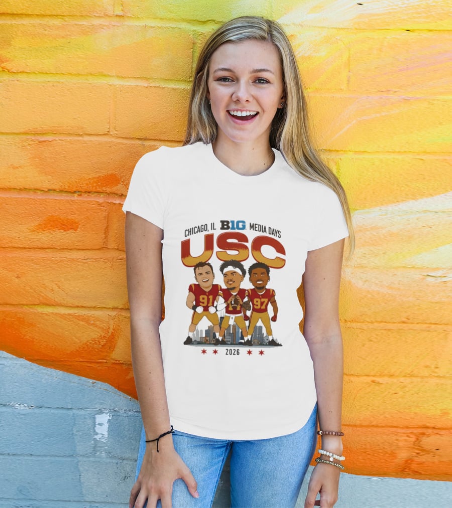 USC Trojans Big Ten Media Days 2026 Chicago Skyline Caricature Jayden Maiava Alex VanSumeren Jide Abasiri T-Shirt