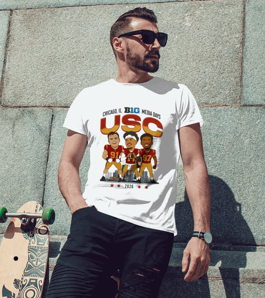 USC Trojans Big Ten Media Days 2026 Chicago Skyline Caricature Jayden Maiava Alex VanSumeren Jide Abasiri T-Shirt