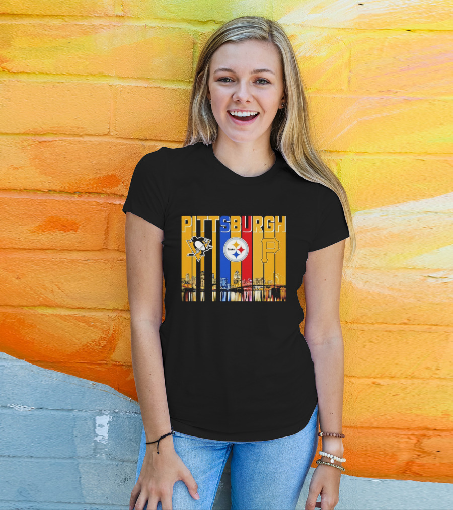 Pittsburgh Penguins Steelers Pirates City Skyline 2026 Sports Teams T-Shirt