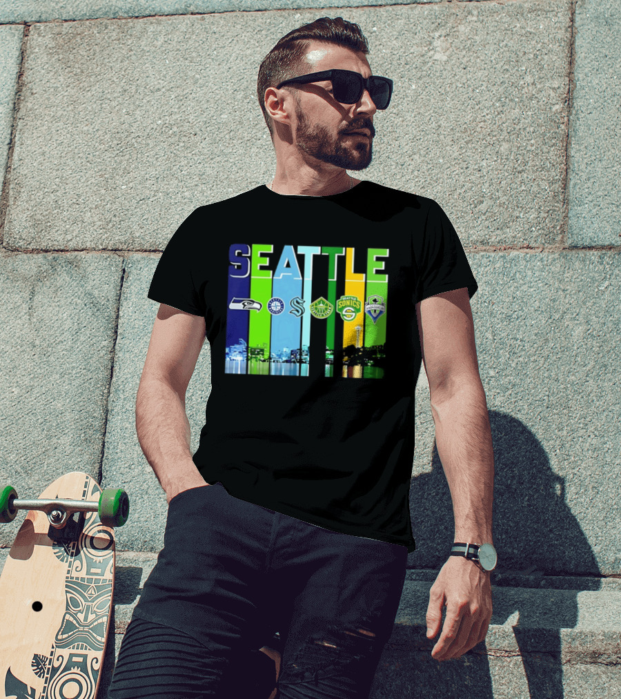 Seattle Seahawks Mariners Kraken Sonics Storm Sounders City Skyline T-Shirt