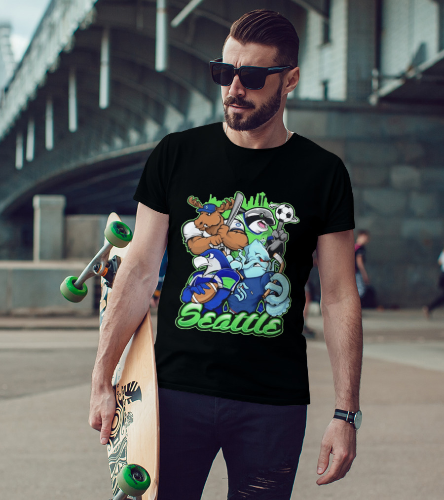Seattle Sports Team Mascot Mashup With Moose Orca Octopus Bird Skyline T-Shirt