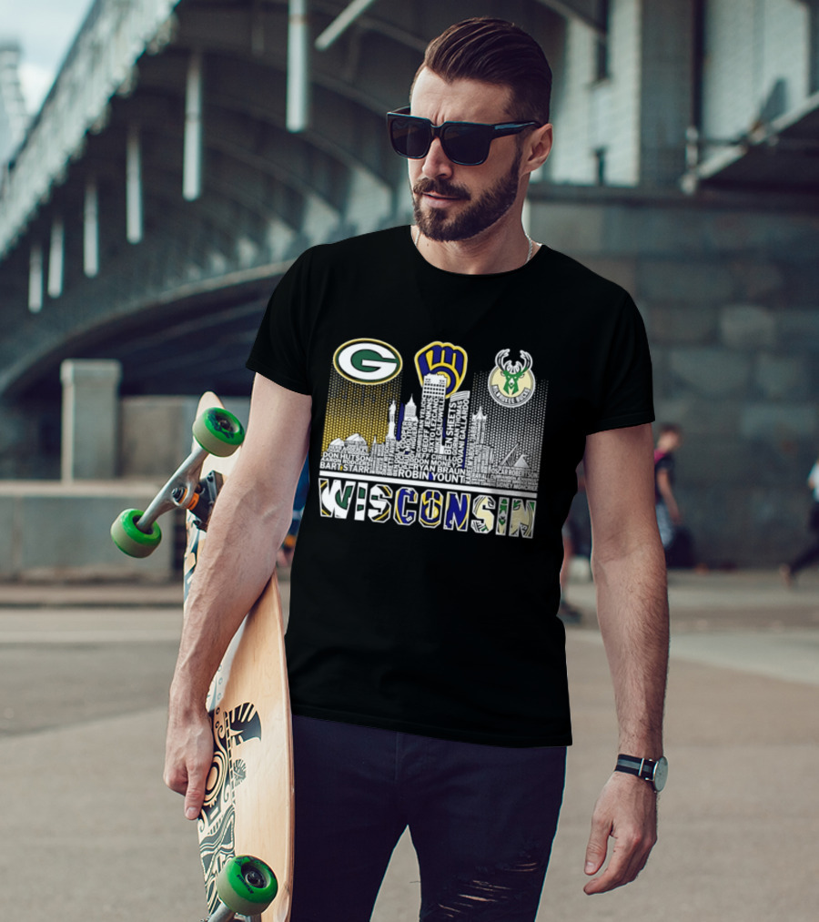 Wisconsin Green Bay Packers Milwaukee Brewers Bucks City Skyline Logos T-Shirt