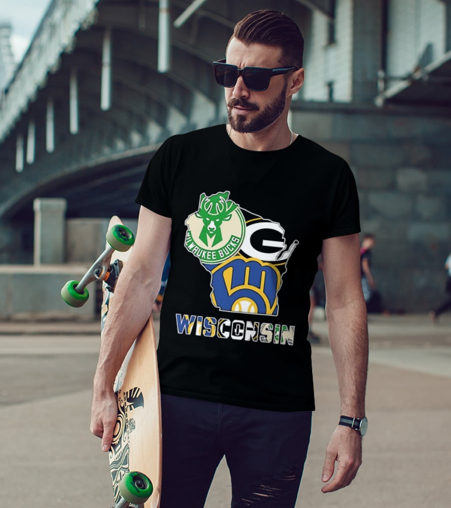Milwaukee Bucks Green Bay Packers Milwaukee Brewers Wisconsin Map T-Shirt