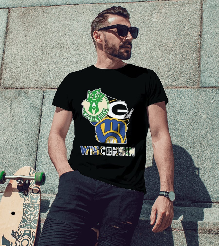 Milwaukee Bucks Green Bay Packers Milwaukee Brewers Wisconsin Map T-Shirt