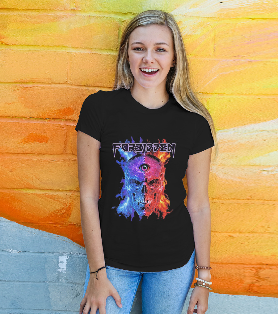 FORBIDDEN Skull Eye Flames Blue Red Fusion T-Shirt