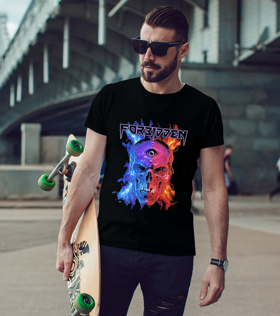 FORBIDDEN Skull Eye Flames Blue Red Fusion T-Shirt