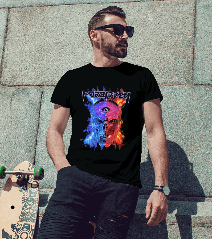 FORBIDDEN Skull Eye Flames Blue Red Fusion T-Shirt