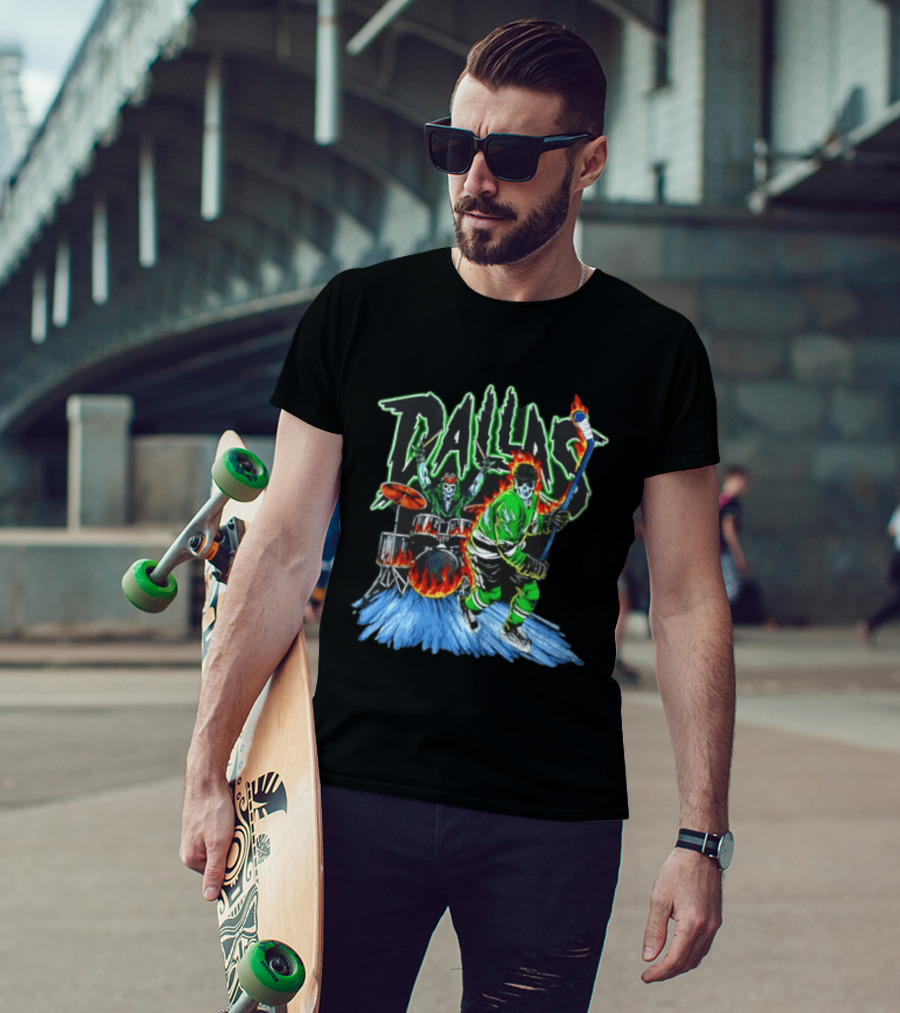 Dallas Stars Skeleton Hockey Fire With Drummer T-Shirt