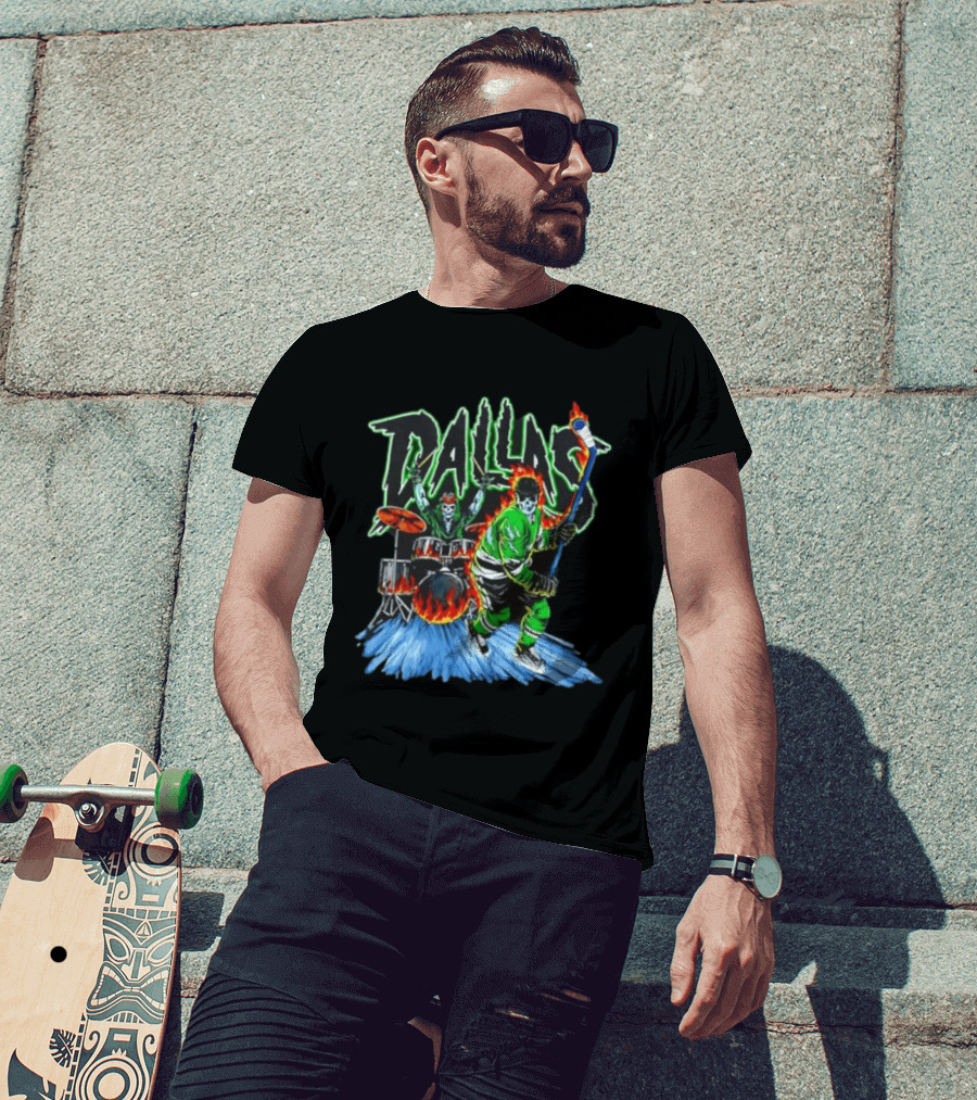 Dallas Stars Skeleton Hockey Fire With Drummer T-Shirt