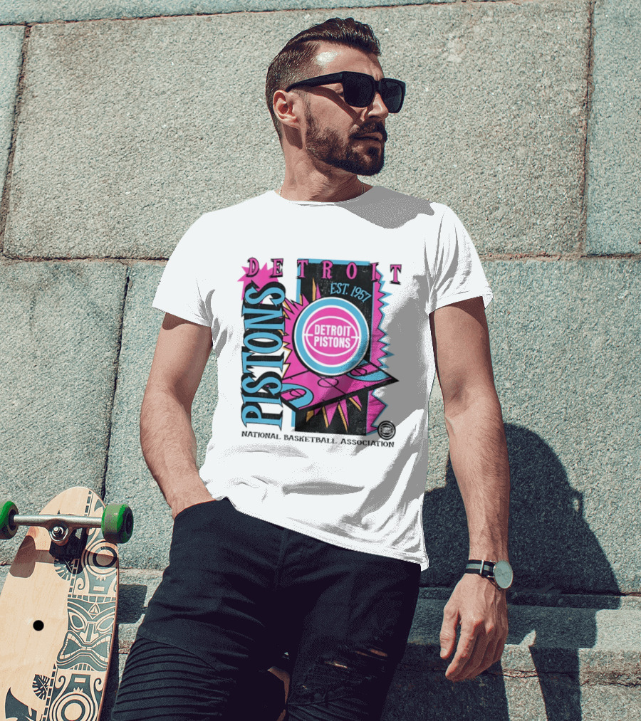 Detroit Pistons 1957 Est. Neon National Basketball Association Court T-Shirt