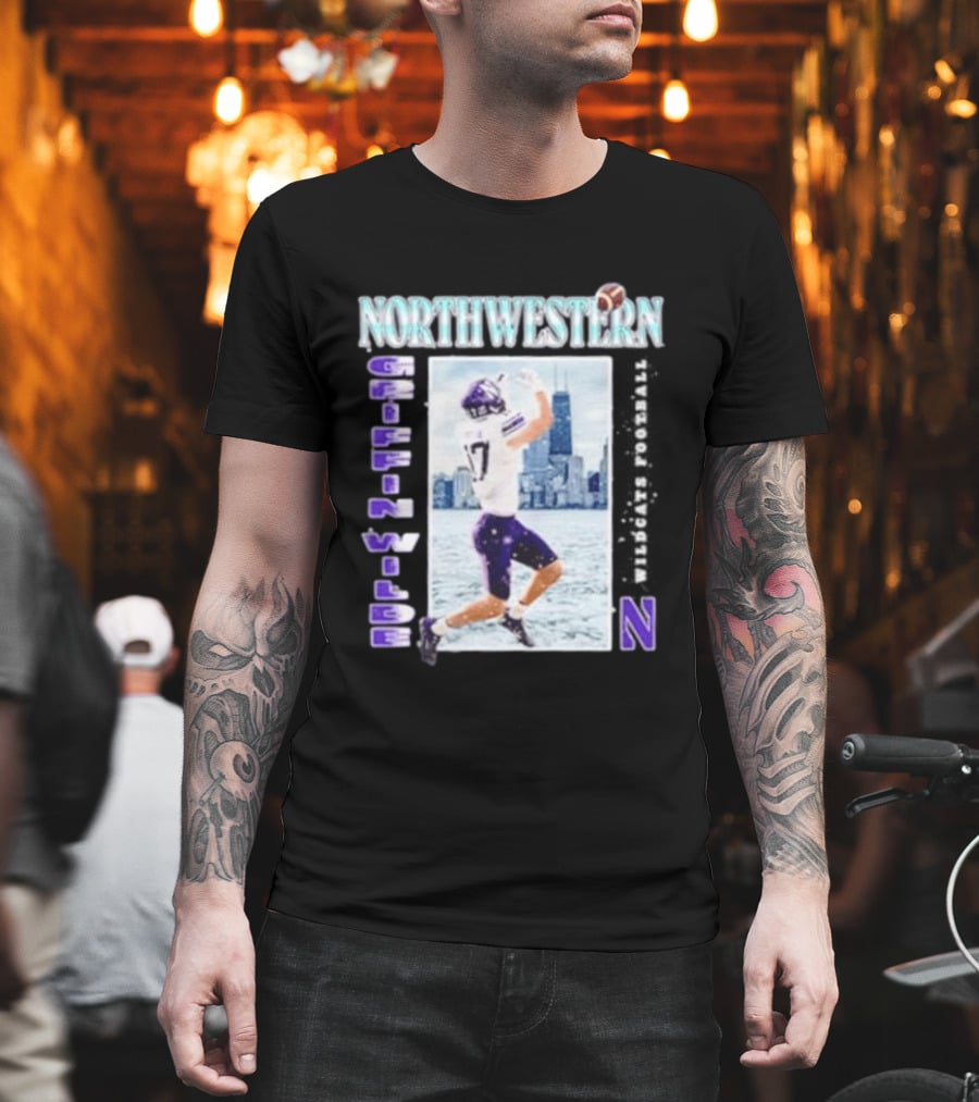 Northwestern Wildcats Football Griffin Wilde No 17 Chicago Skyline T-Shirt